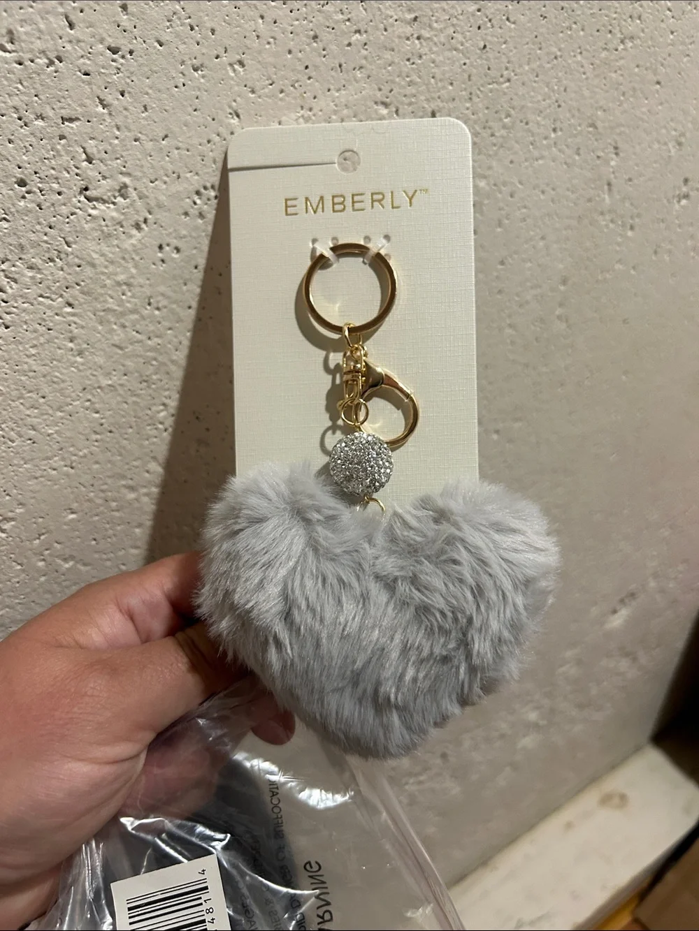 Heart Pom-Pom Keychain - Gray Faux Fur with Gold Hardware
